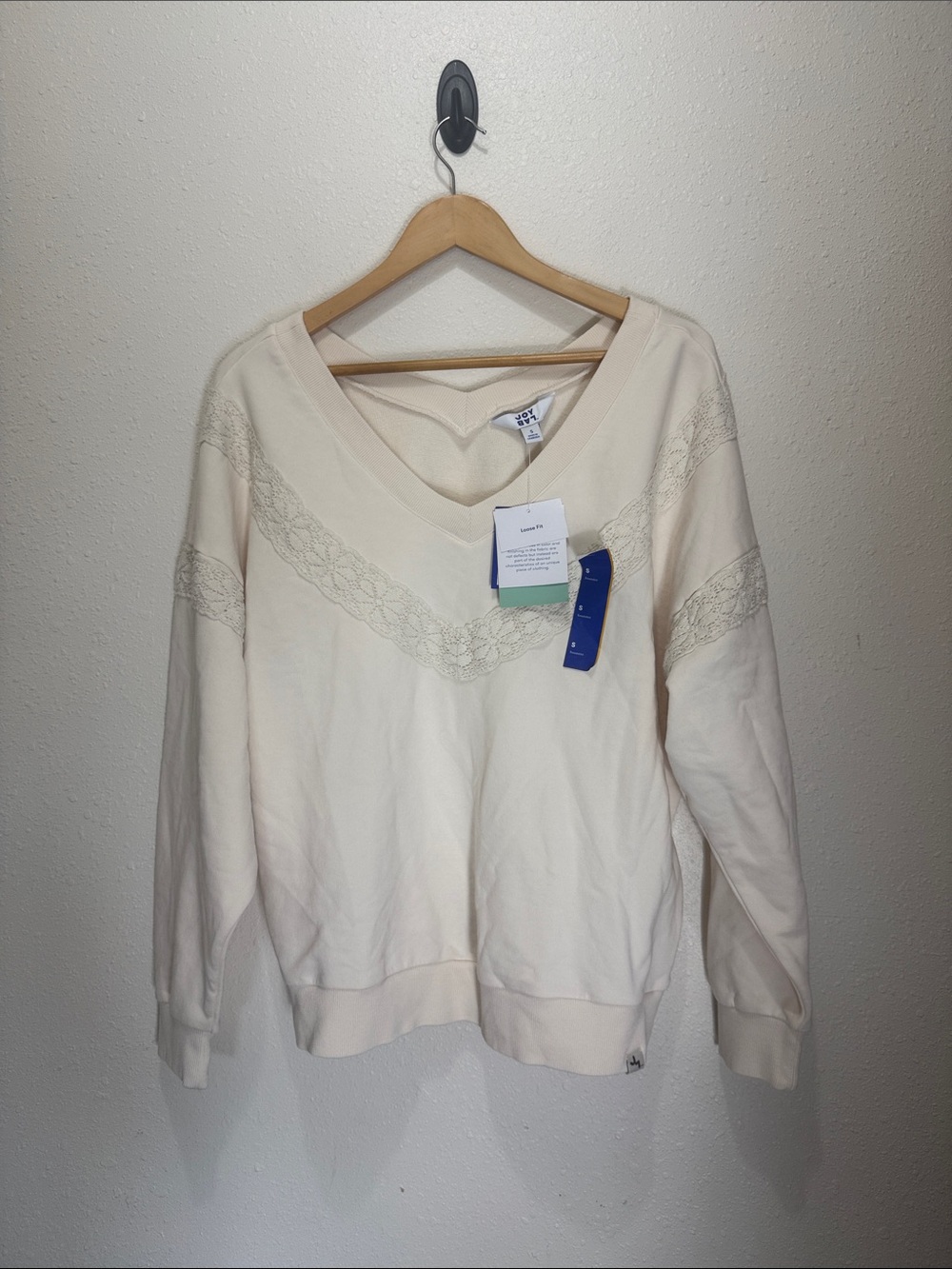 JoyLab Cream V-Neck Lace-Trim Pullover Sweater, Size S
